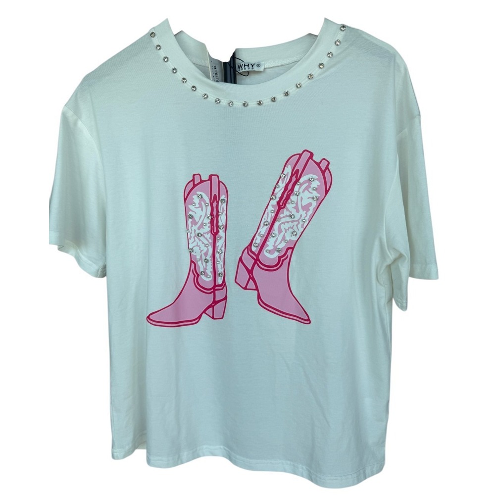 WHY Dress Womens Pink Cowboy Boot Western Graphic T Shirt  Small Cotton Bling